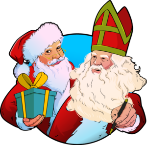 cartoon van sinterklaas, met een pen in zijn hand, schrijft zelf een gedicht, kerstman met cadeau in zijn hand